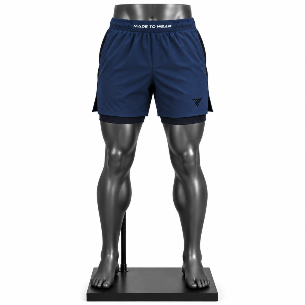 Men's 2 in 1 Shorts size chart with waist hip and outseam measurements