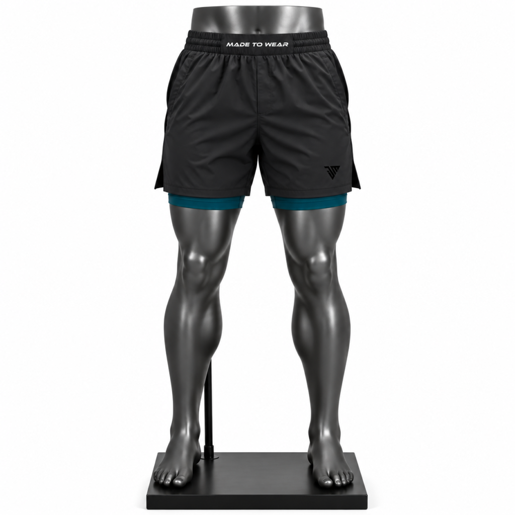 Men's 2 in 1 Shorts with black outer layer and teal inner liner