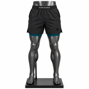 Men's 2 in 1 Shorts with black outer layer and teal inner liner
