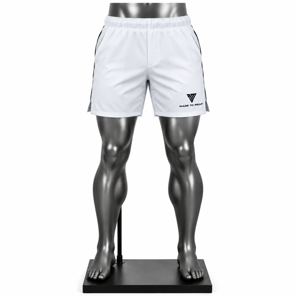 Men's Performance Shorts in white with elastic waistband and side pockets