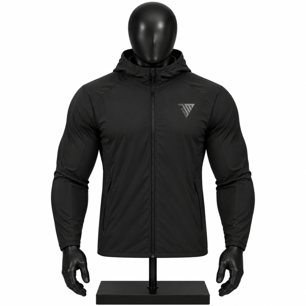 Men's Black Hooded Windbreaker Jacket custom full zip jacket