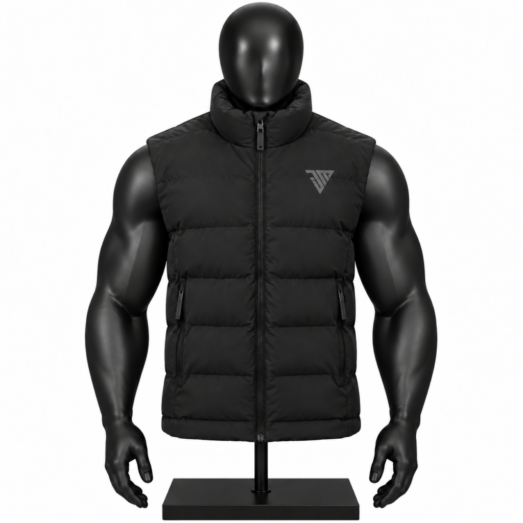 Men's Black Puffer Vest front view with quilted padding full zip and stand collar
