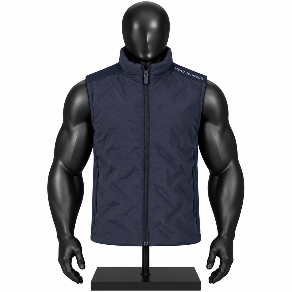 Men's Navy Quilted Vest front view with diamond quilting full zip and stand collar