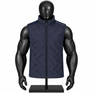Men's Navy Quilted Vest front view with diamond quilting full zip and stand collar