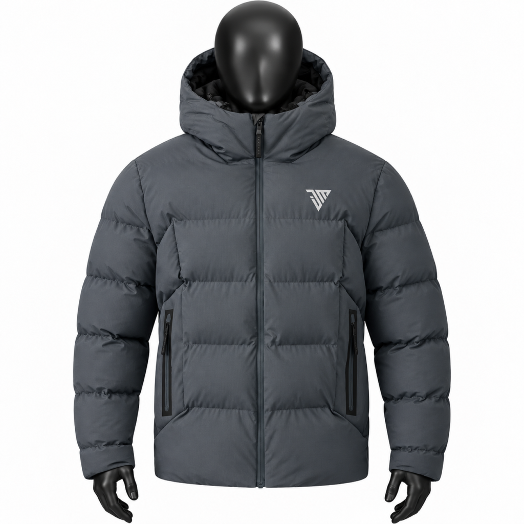 Men's Grey Hooded Puffer Jacket size chart with chest shoulder sleeve and length measurements