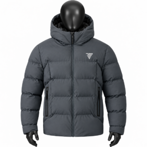Men's Grey Hooded Puffer Jacket size chart with chest shoulder sleeve and length measurements