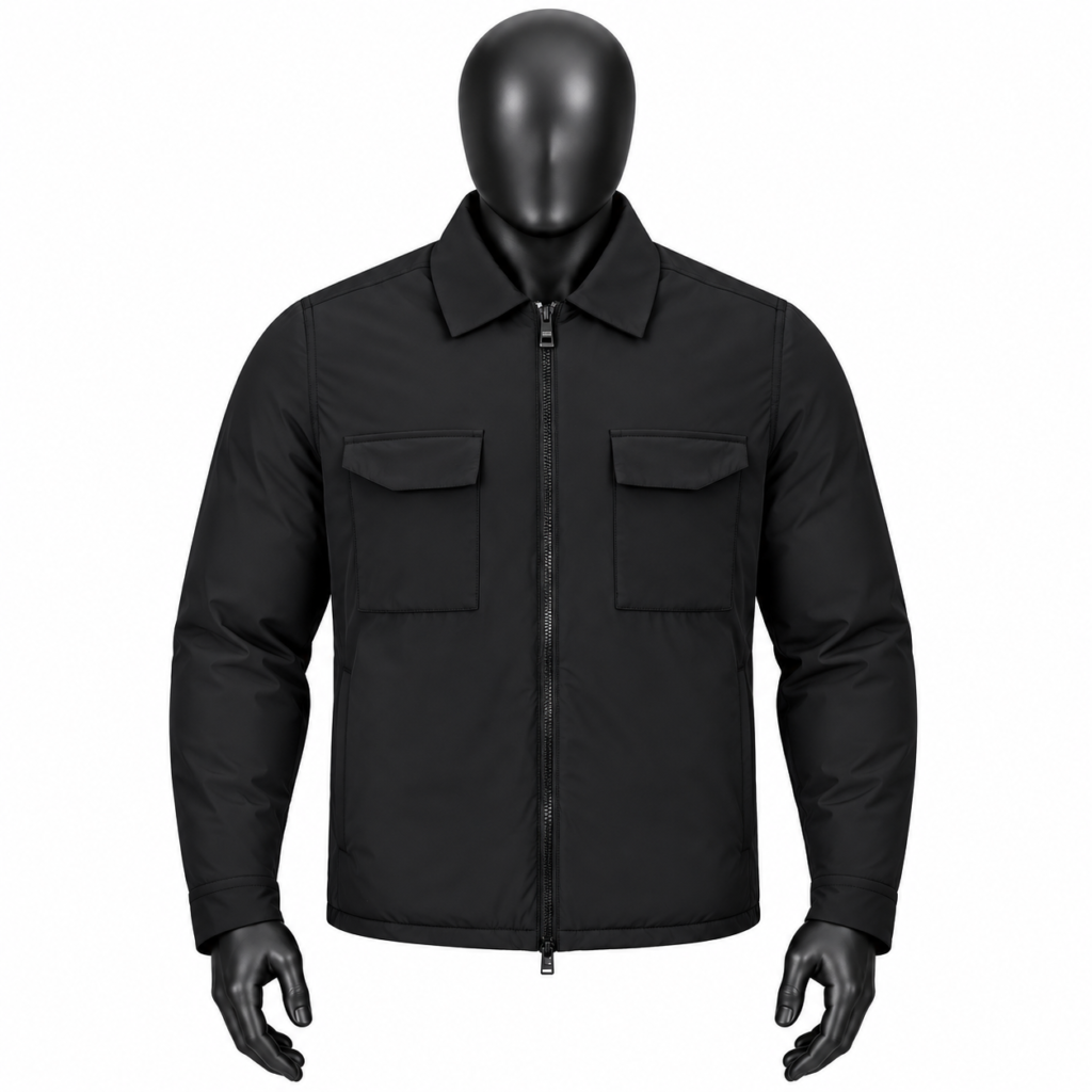 Men's Black Utility Jacket size chart with chest shoulder length and sleeve measurements