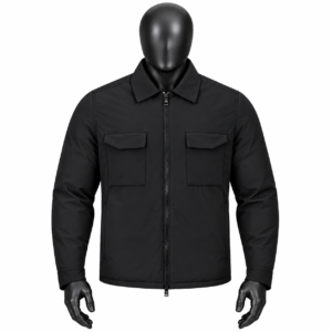Men's Black Utility Jacket size chart with chest shoulder length and sleeve measurements