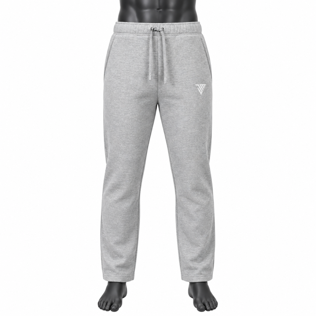 Men's Grey Jogger Pants front view with elastic waistband drawstring side pockets and logo