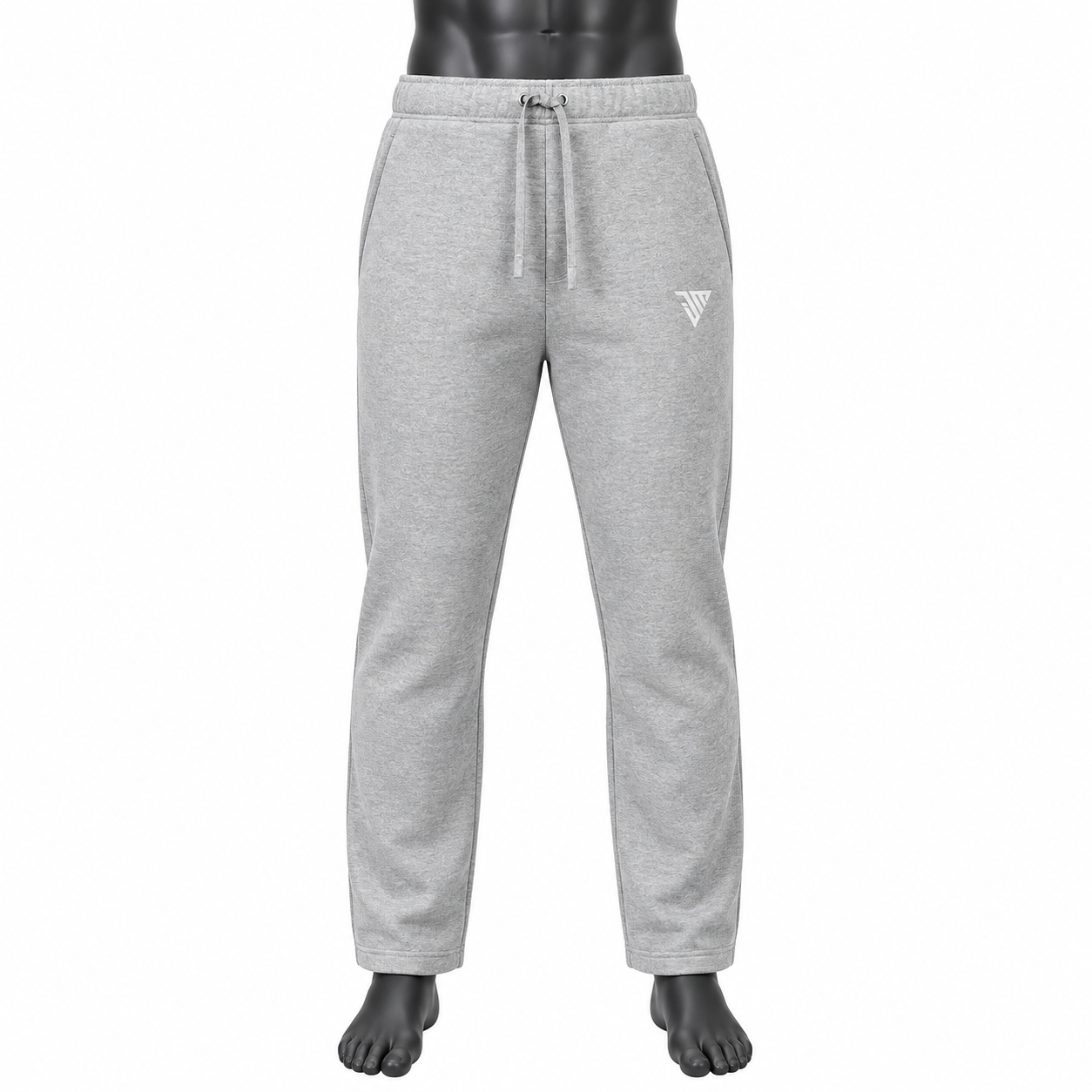 Men's Grey Jogger Pants front view with elastic waistband drawstring side pockets and logo