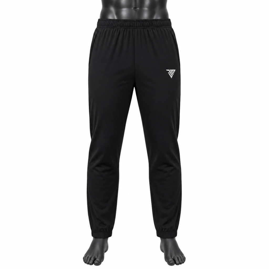 Men's Black Cuffed Jogger Pants size chart with waist hip inseam and outseam measurements