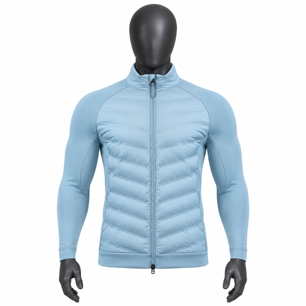 Men's Light Blue Quilted Hybrid Jacket size chart with chest shoulder sleeve and length measurements