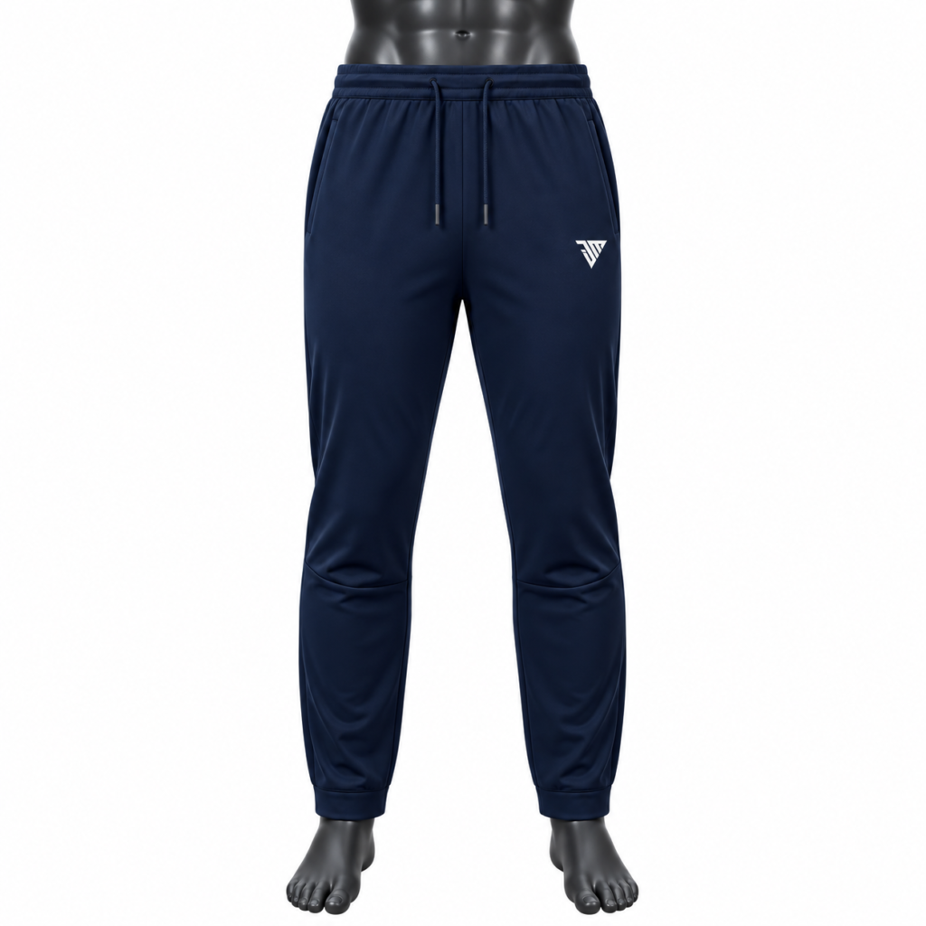Men's Navy Jogger Pants size chart with waist hip thigh and outseam measurements