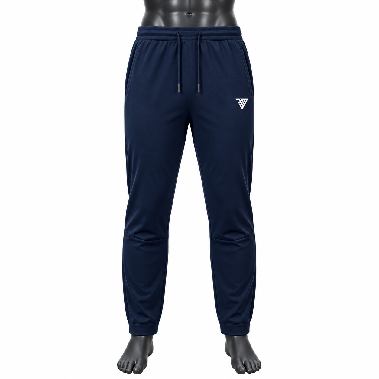 Men's Navy Jogger Pants size chart with waist hip thigh and outseam measurements