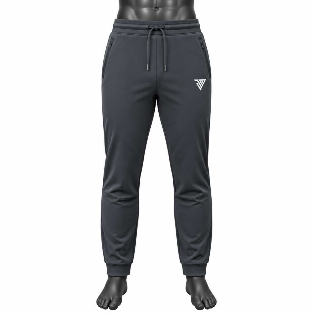 Men's Charcoal Jogger Pants size chart with waist hip thigh and length measurements