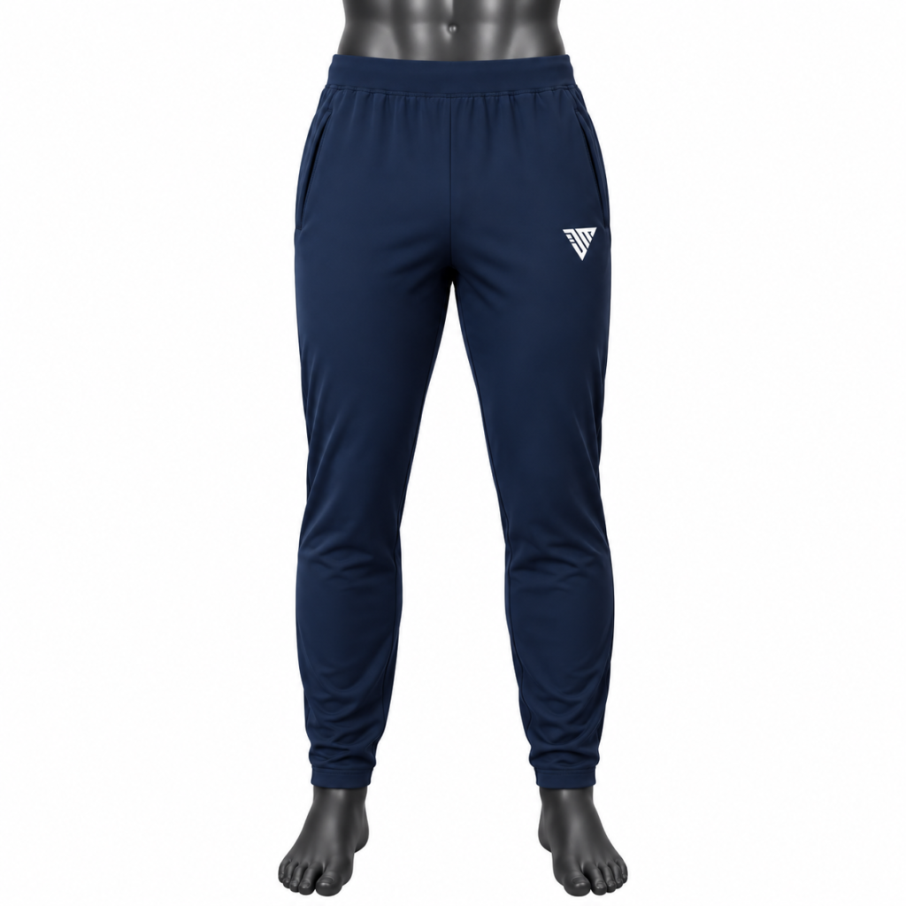Men's Navy Jogger Pants size chart with waist hip and length measurements