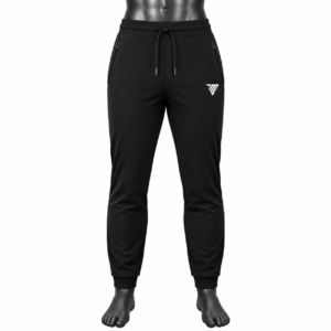 Men's Black Jogger Pants with Zipper Pockets size chart showing waist hip thigh length and leg opening