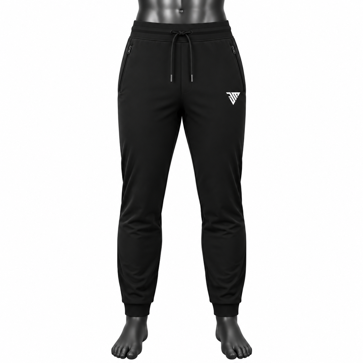 Men's Black Jogger Pants with Zipper Pockets size chart showing waist hip thigh length and leg opening
