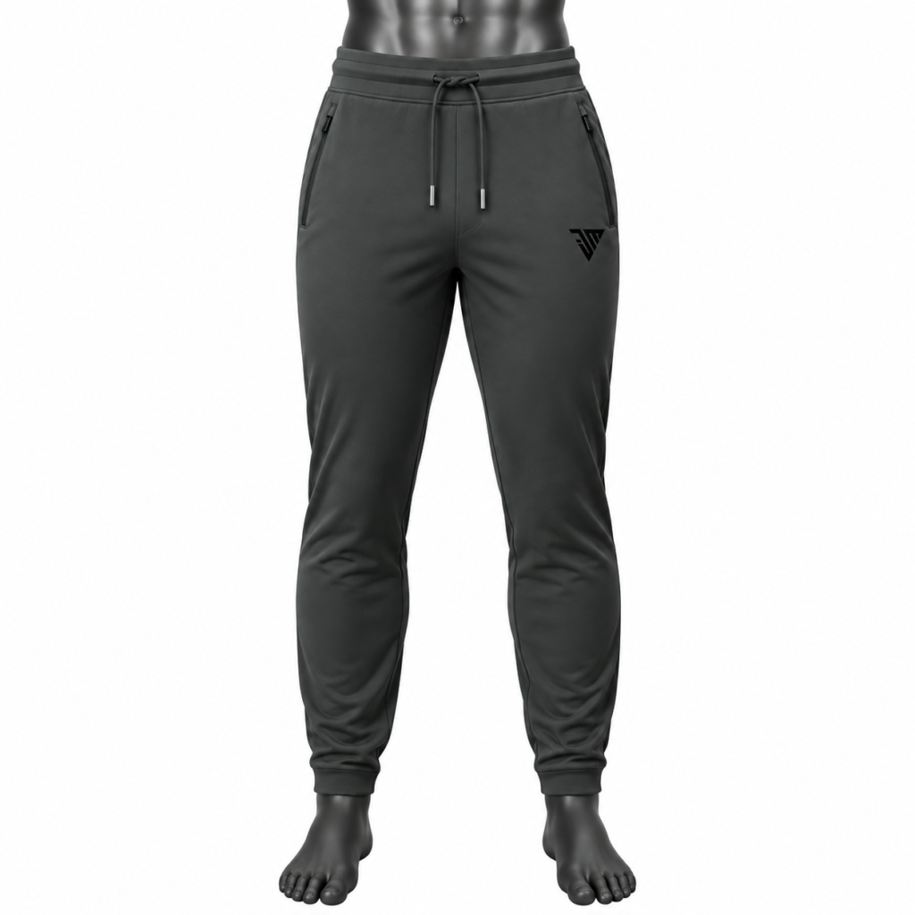 Men's Grey Jogger Pants size chart with waist hip and length measurements