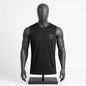 Men's Black Sleeveless Performance Top size chart with chest and length measurements