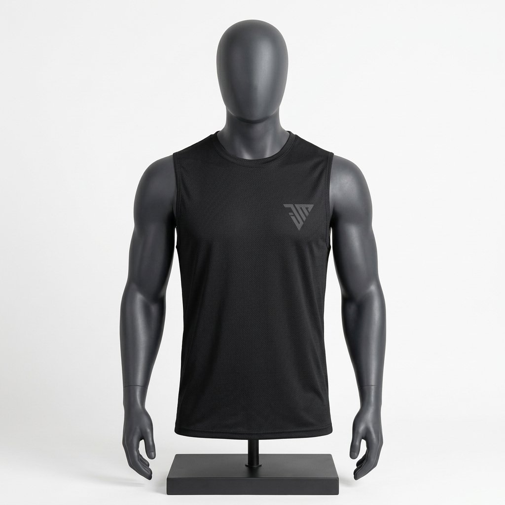 Men's Black Sleeveless Performance Top size chart with chest and length measurements