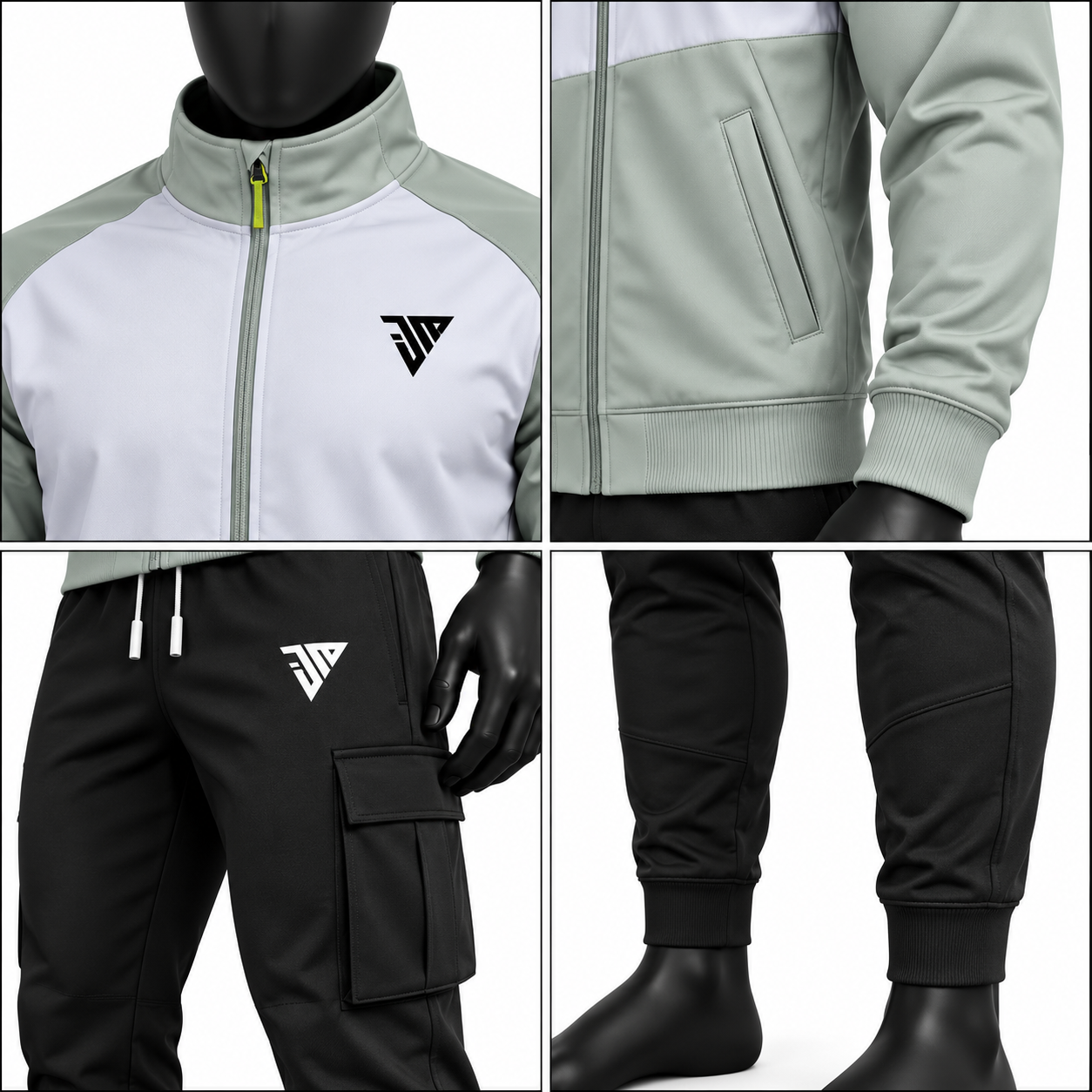 Men's Two-Tone Cargo Tracksuit – Sage Grey & Black Athletic Warmup Set - Image 4