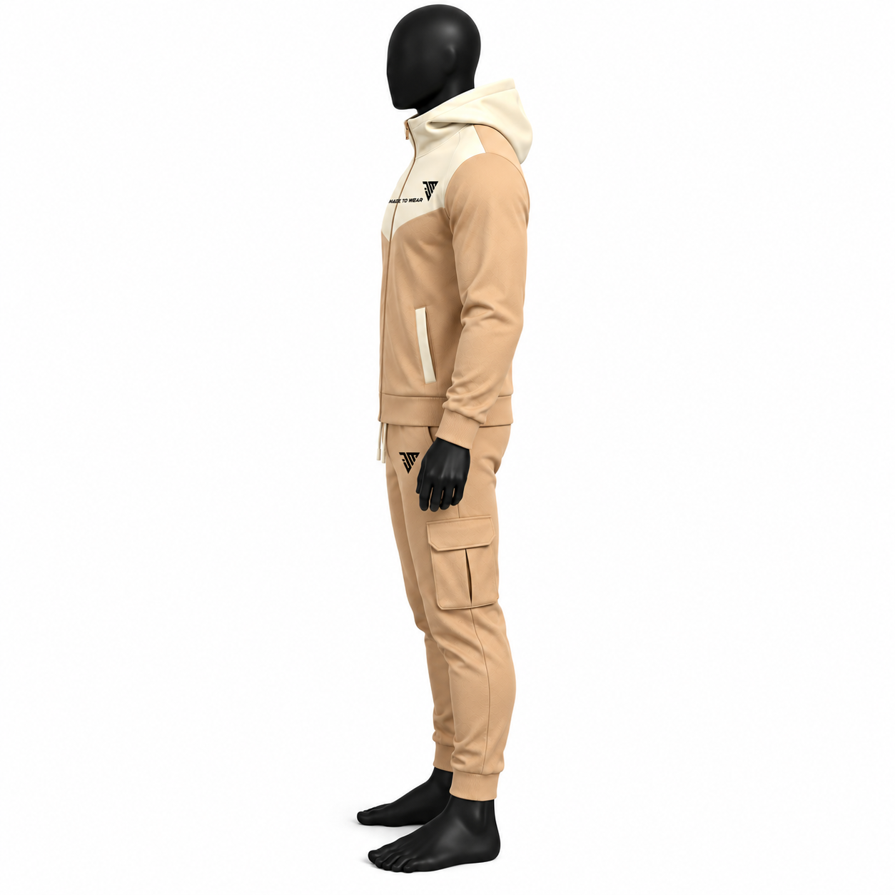 Men's Hooded Cargo Tracksuit – Beige & Cream Two-Tone Fleece Set - Image 3