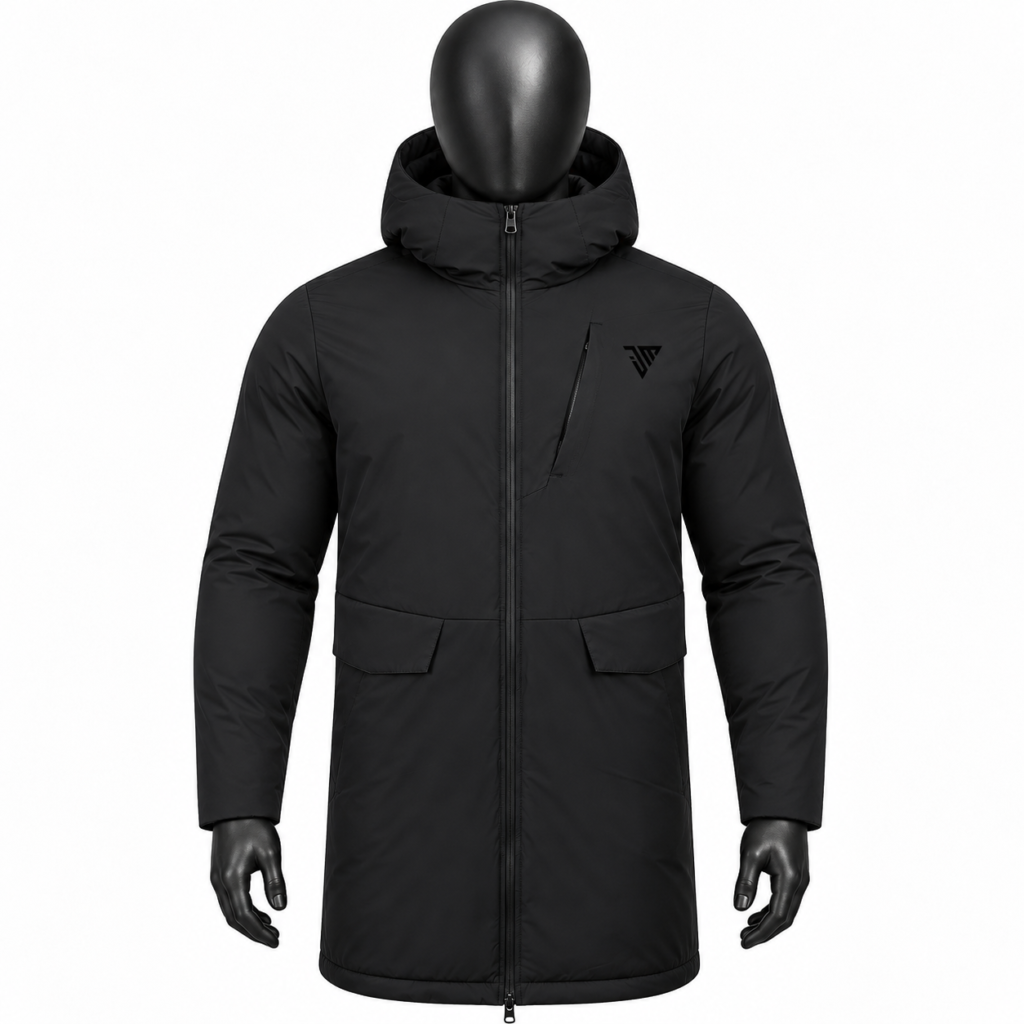 Men's Black Hooded Parka size chart with chest back length and sleeve measurements
