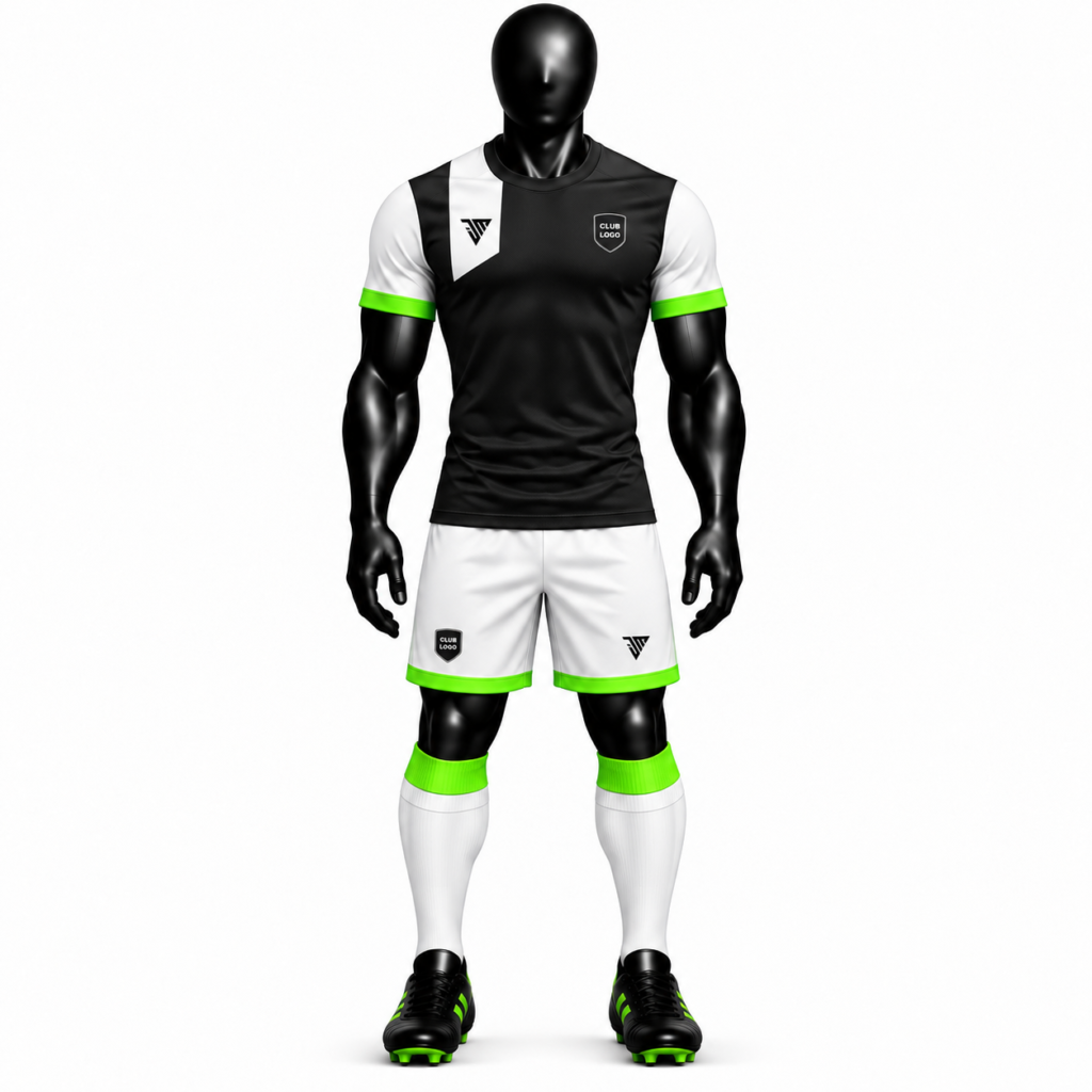 black white neon green football kit size chart showing jersey sizes S to 3XL with chest and length measurements