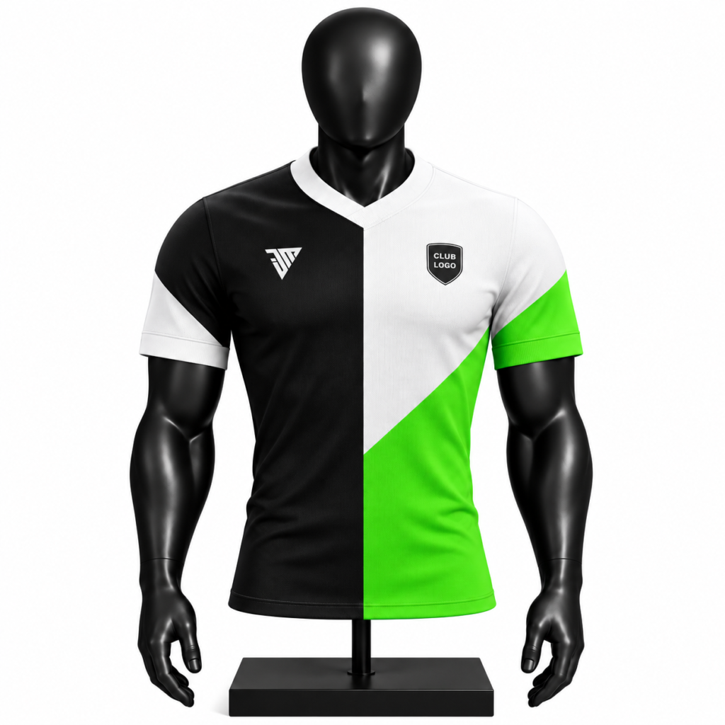 black white neon green football jersey size chart showing S to 3XL chest length shoulder and sleeve measurements