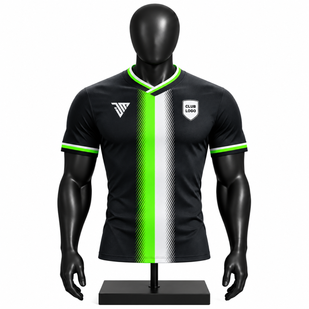 black neon green soccer jersey size chart showing XS to 4XL chest length height and weight measurements