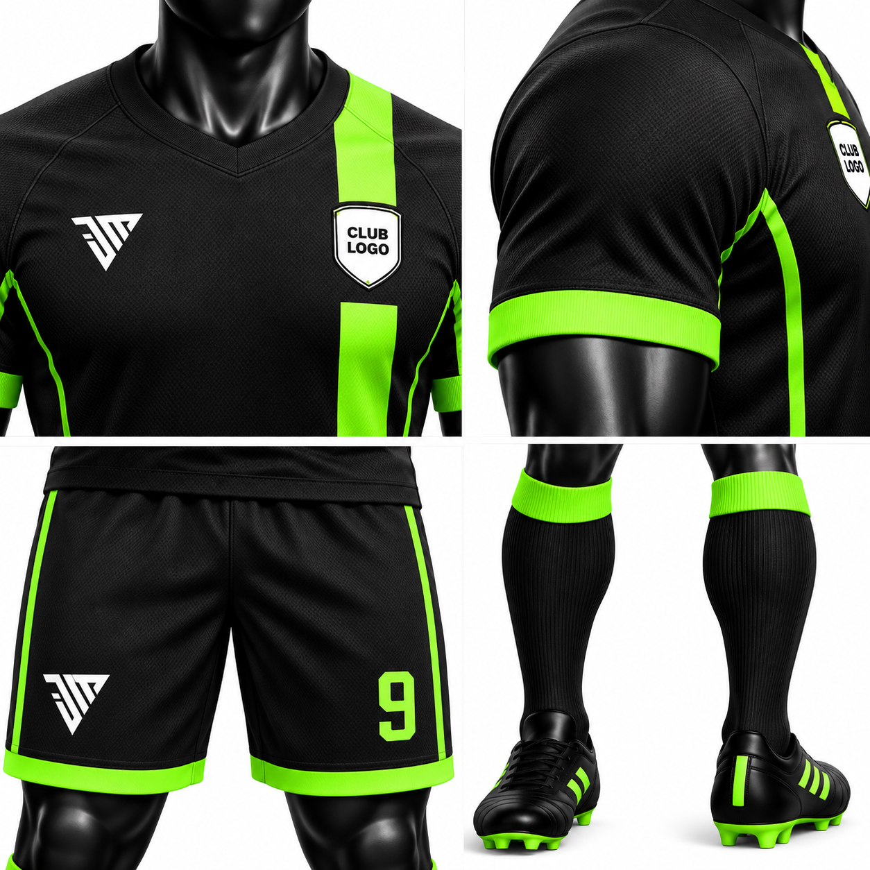 Black Neon Green Number 9 Football Kit - Image 4