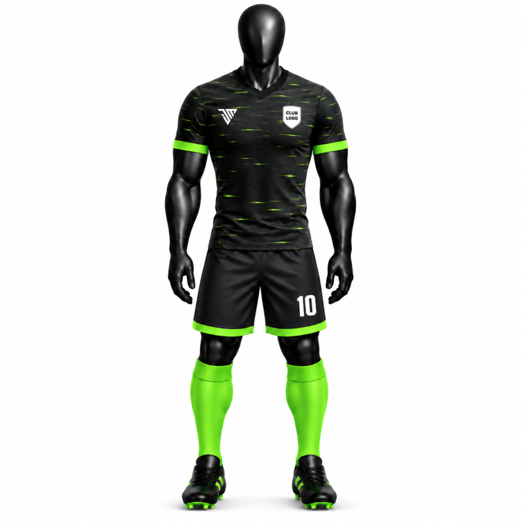 black neon green streak football kit front view with black V-neck jersey, green streak pattern, matching shorts and neon green socks