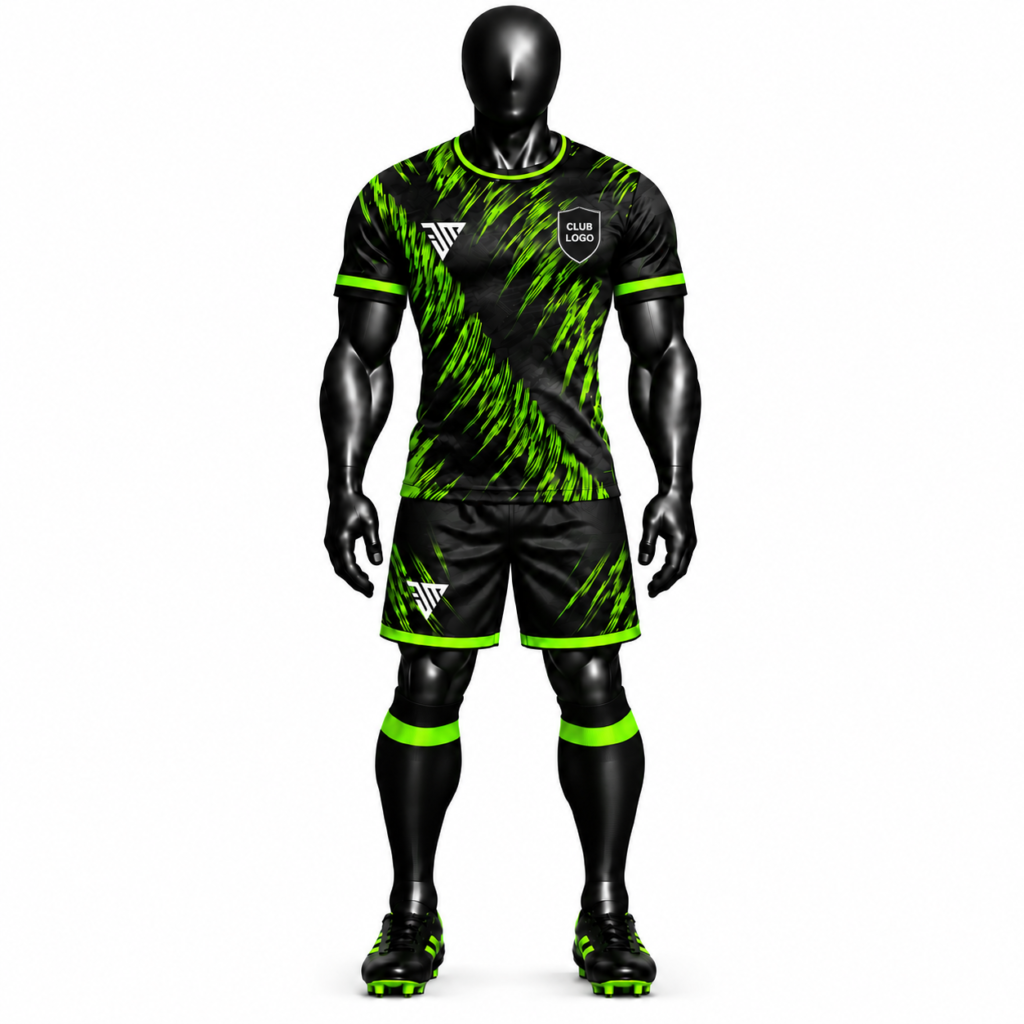 black neon green scratch soccer kit size chart showing jersey and shorts measurements from S to 3XL