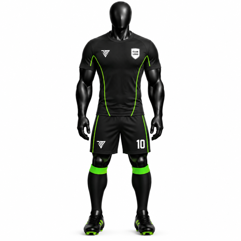 black neon green panel football kit size chart with jersey chest shoulder sleeve and length measurements plus shorts and socks sizes