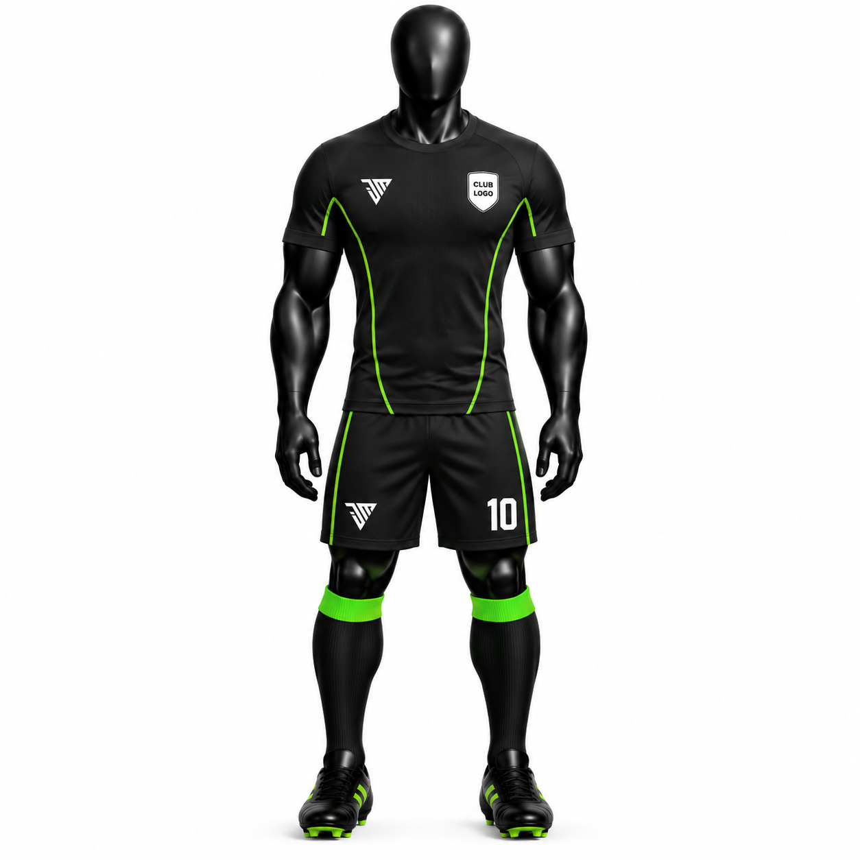 black neon green panel football kit size chart with jersey chest shoulder sleeve and length measurements plus shorts and socks sizes