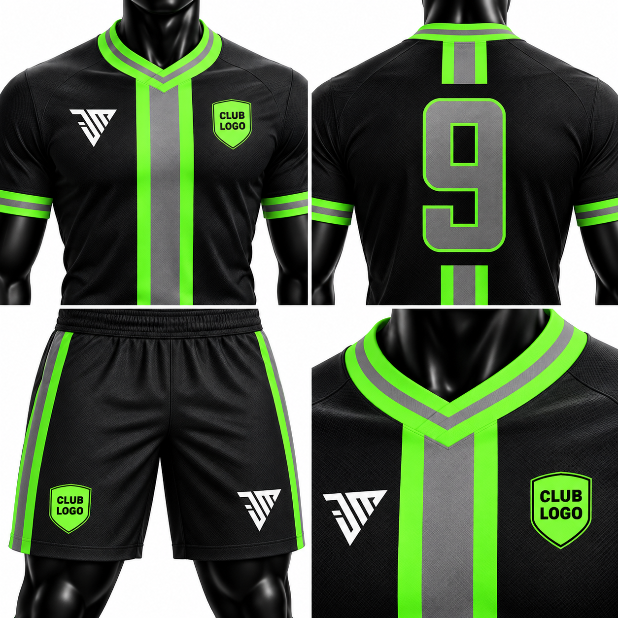 Neon Green Trim Black Football Kit - Image 4