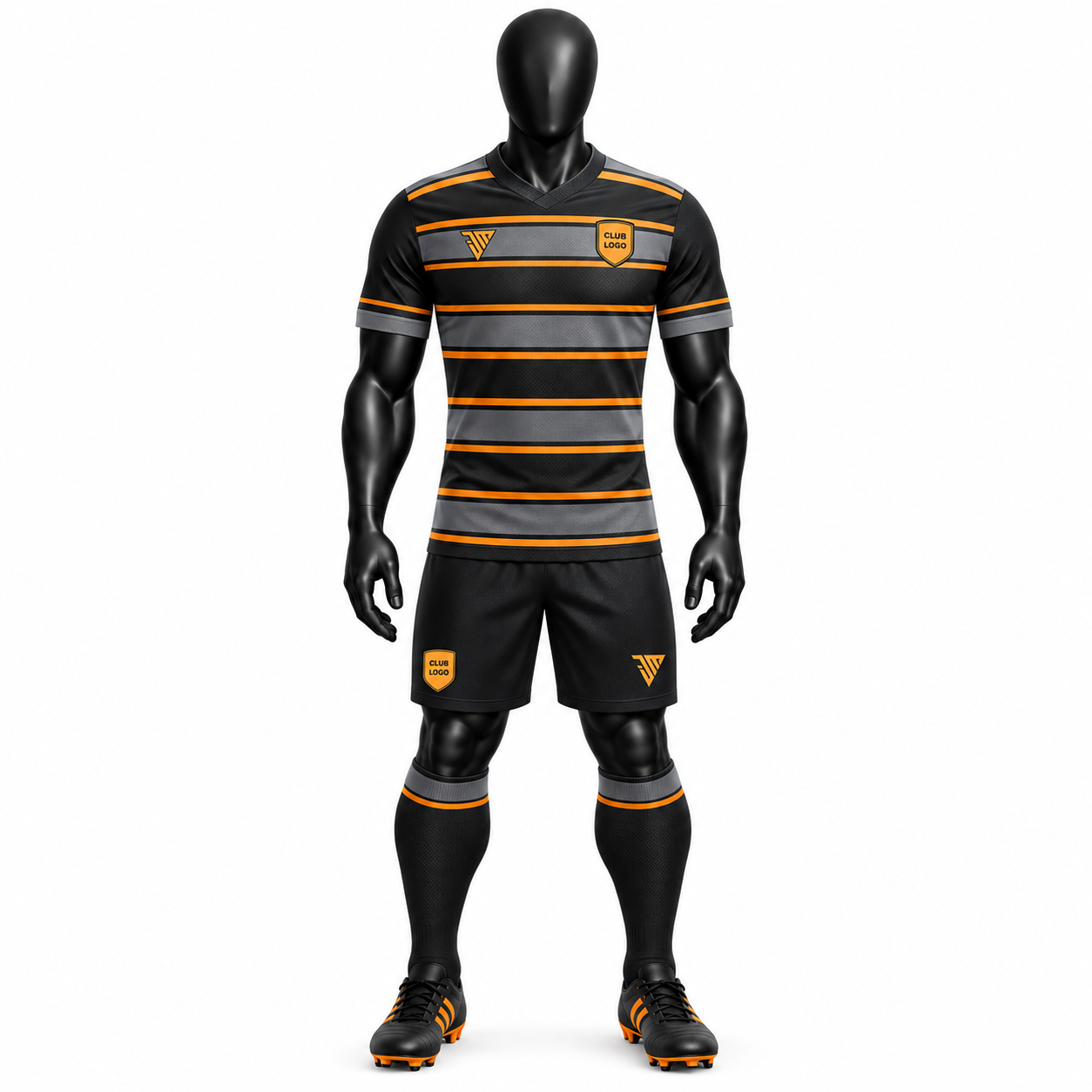 Black orange rugby uniform size chart with jersey and shorts measurements