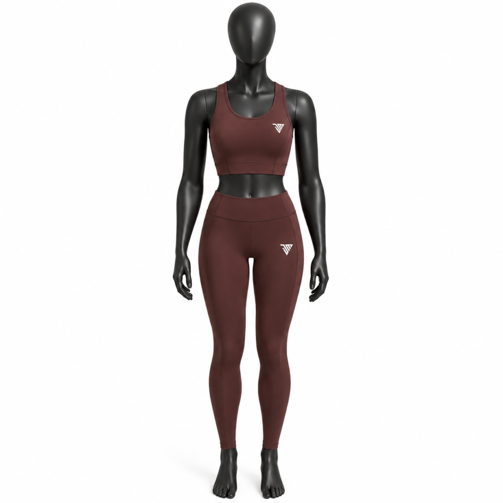 women's sports bra and leggings set maroon brown activewear front view