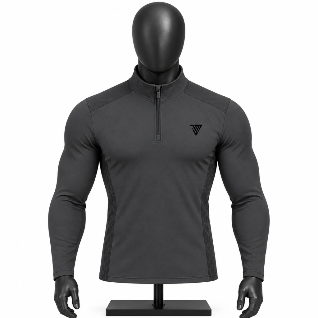 Men's Charcoal Quarter Zip Pullover size chart with chest waist sleeve and length measurements
