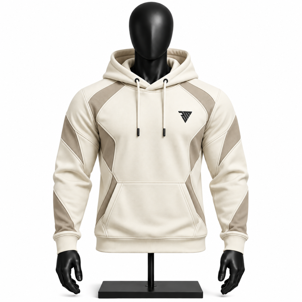 cream panelled hoodie size chart showing chest length and sleeve measurements from S to 3XL
