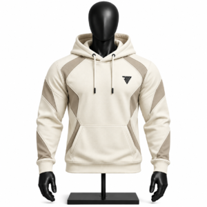 cream panelled hoodie size chart showing chest length and sleeve measurements from S to 3XL