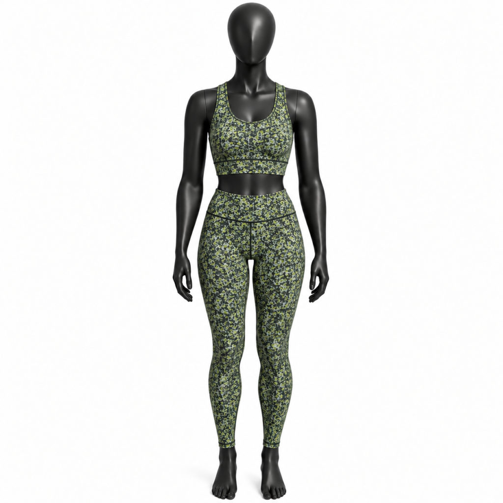 women's sports bra and leggings set green floral camouflage front view