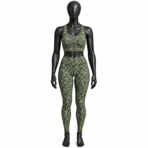 women's sports bra and leggings set green floral camouflage front view