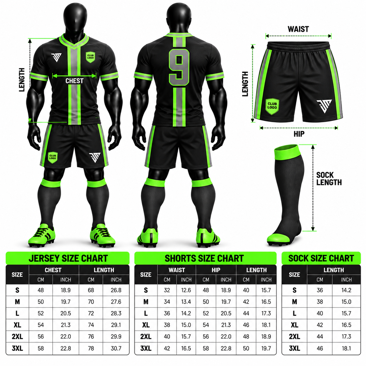 Neon Green Trim Black Football Kit - Image 5