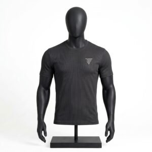 Men's Black Ribbed T-Shirt size chart with chest length and sleeve measurements