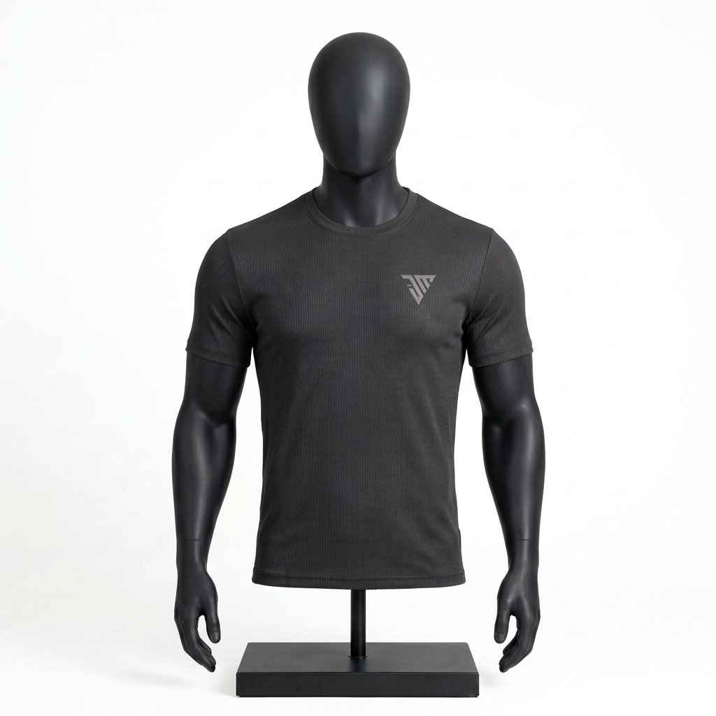 Men's Black Ribbed T-Shirt size chart with chest length and sleeve measurements