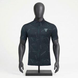 Men's Navy Patterned Polo Shirt size chart with chest length and sleeve measurements