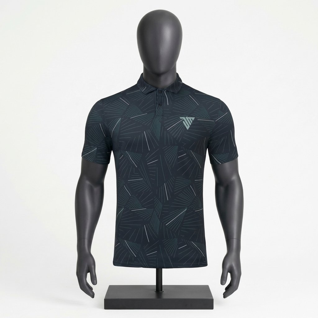 Men's Navy Patterned Polo Shirt size chart with chest length and sleeve measurements