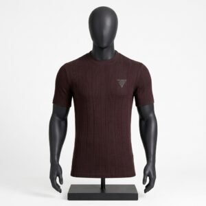 Men's Burgundy Ribbed T-Shirt size chart with chest length sleeve and shoulder measurements